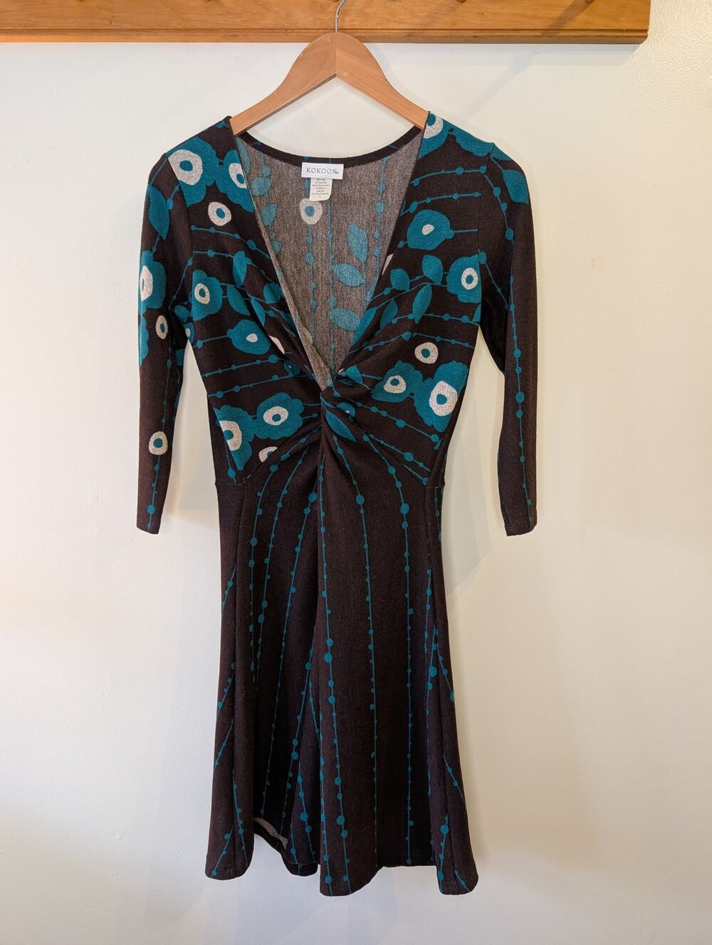 Kokoon Brown Turquoise Floral Print Twist Front Dress 3/4 Sleeve Small